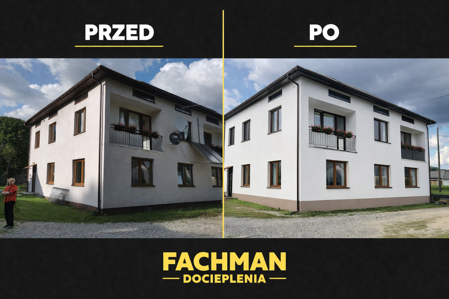 Realizacja docieplenia domu z balkonem kwiatowym - przed i po