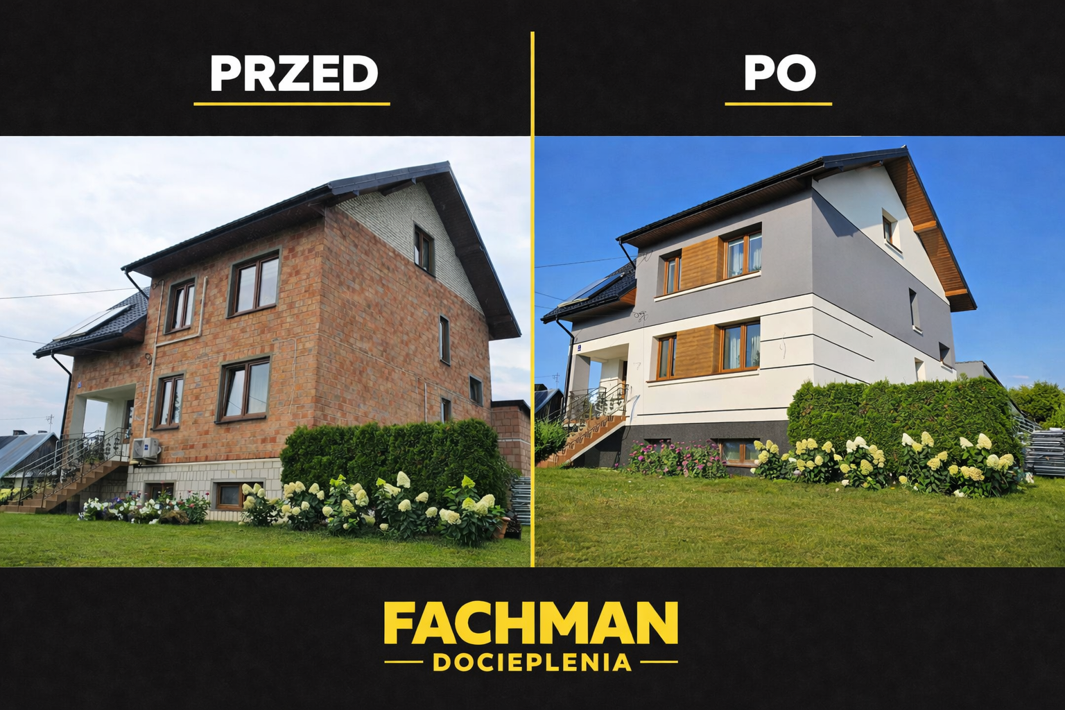 Realizacja docieplenia domu z drewnianymi akcentami - przed i po